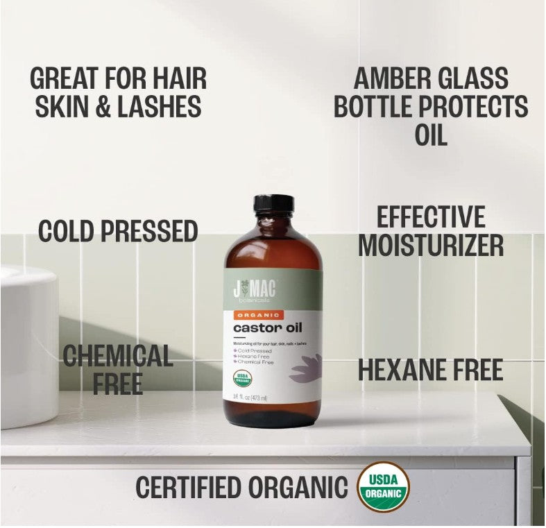 J Mac Botanicals Organic Castor Oil Cold Pressed (Glass Bottle, 473Ml), Pure Oil, Hexane Free, For Face, Skin, Eyelashes